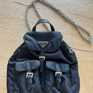 Prada Black Nylon Mini Backpack with Silver Chain